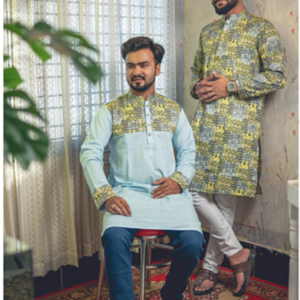Digital Printed Moss Olive Stylish Slim Fit Matching Panjabi For Men